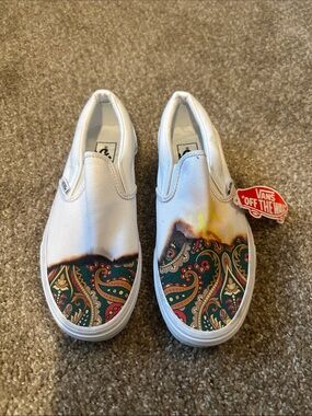 Vans White Slip-On Sneakers with Multicolor Paisley Accent